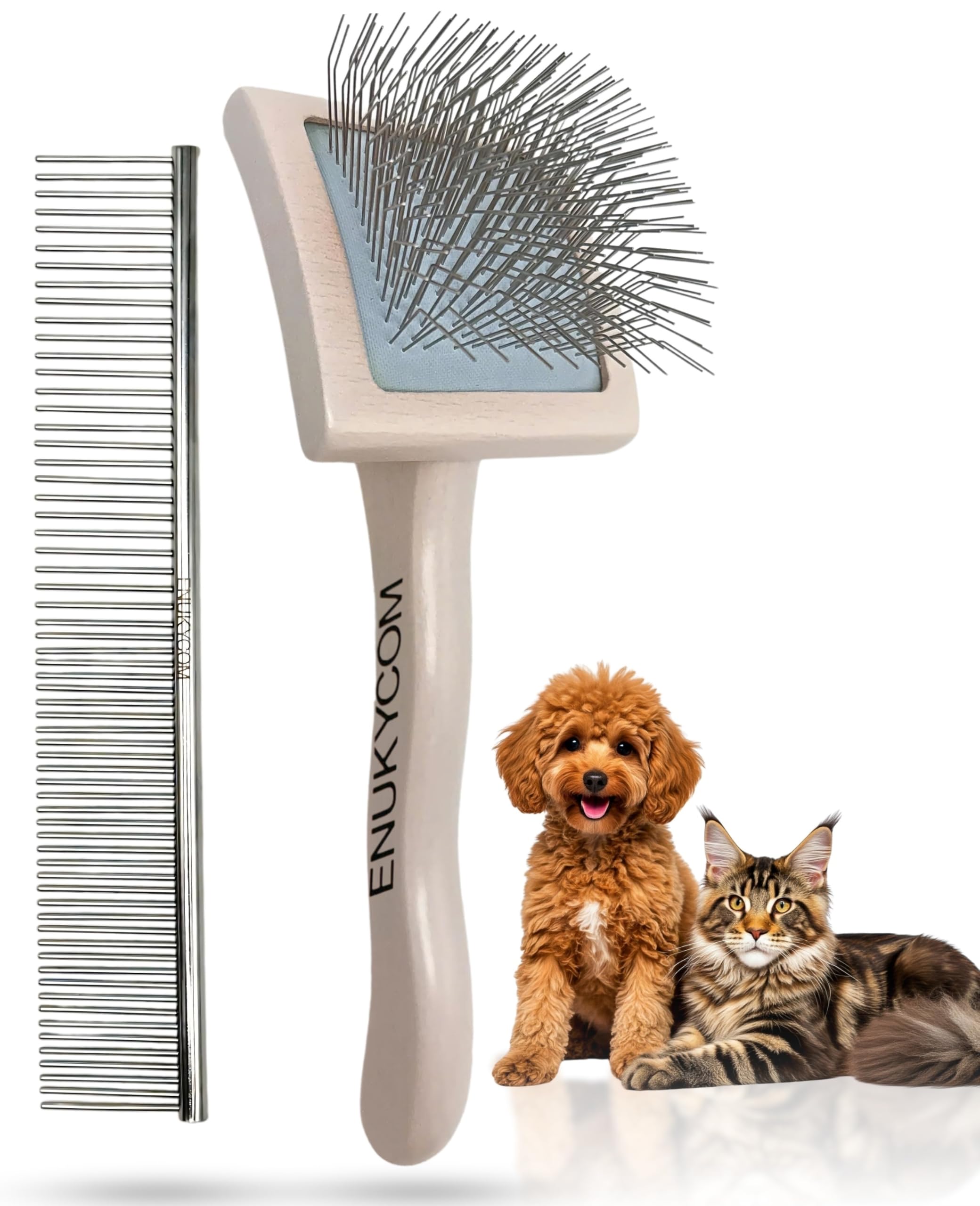 ENUKYCOM pet slicker brush detangles coats for small breeds during grooming.