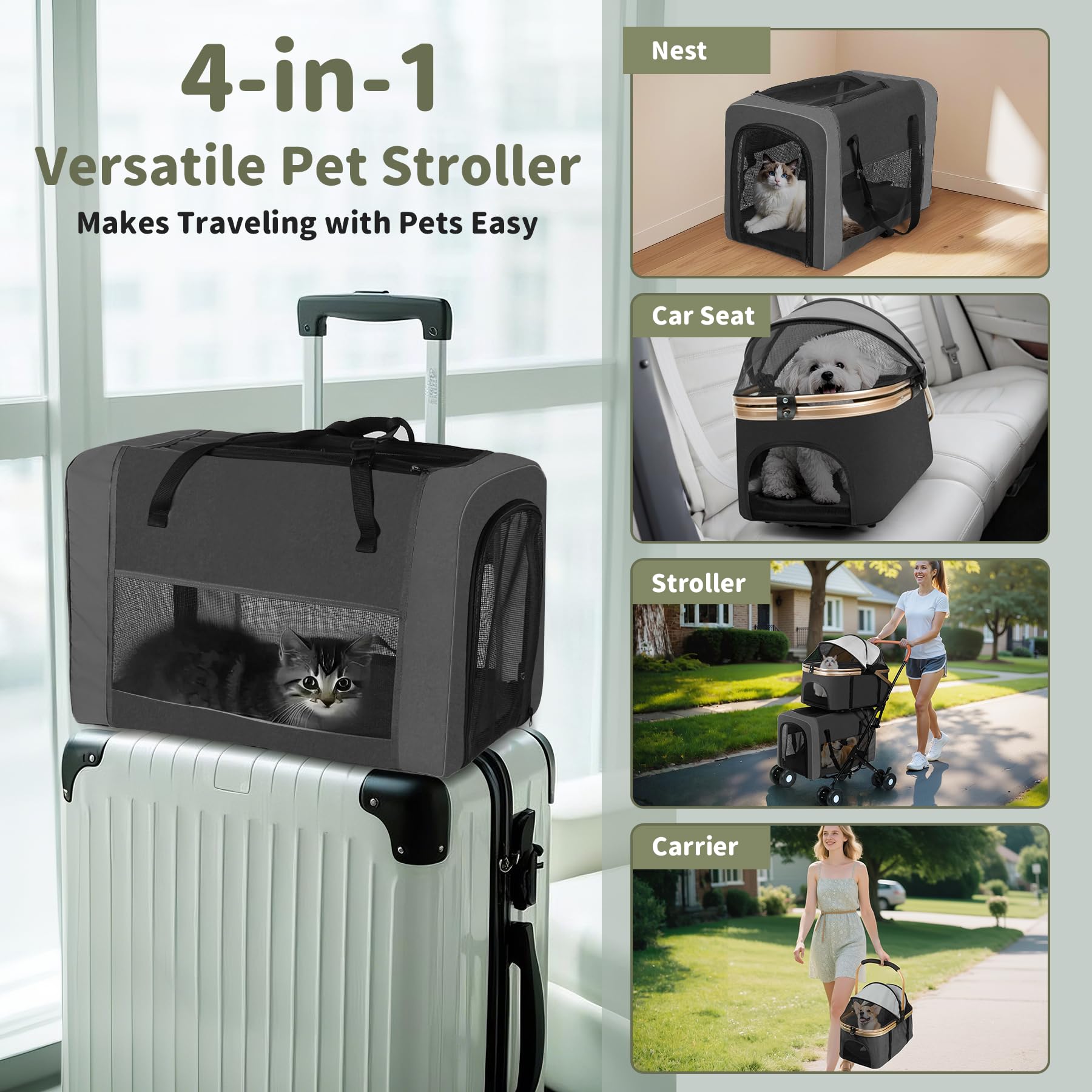 ENVTEK double pet stroller car seat mode demonstrates versatile travel option