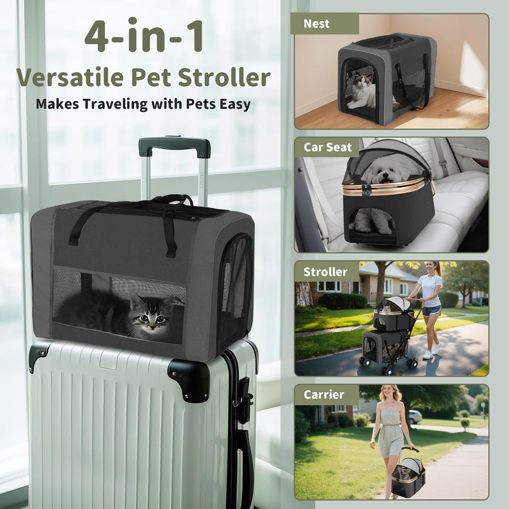 ENVTEK double pet stroller car seat mode demonstrates versatile travel option
