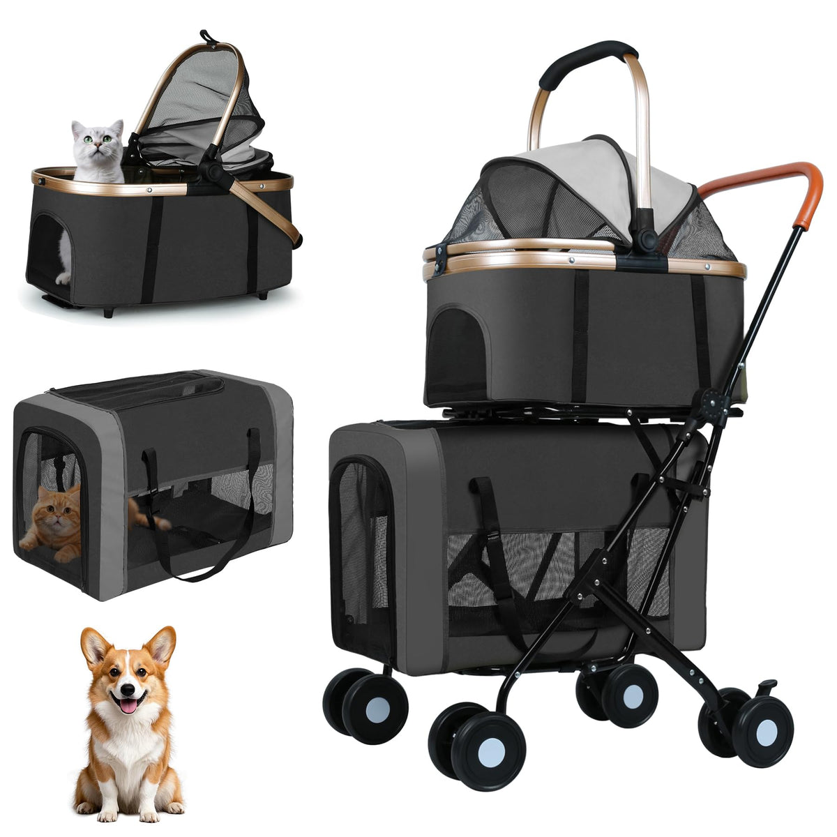 ENVTEK double pet stroller front view showing dual carriers for two pets during park strolls