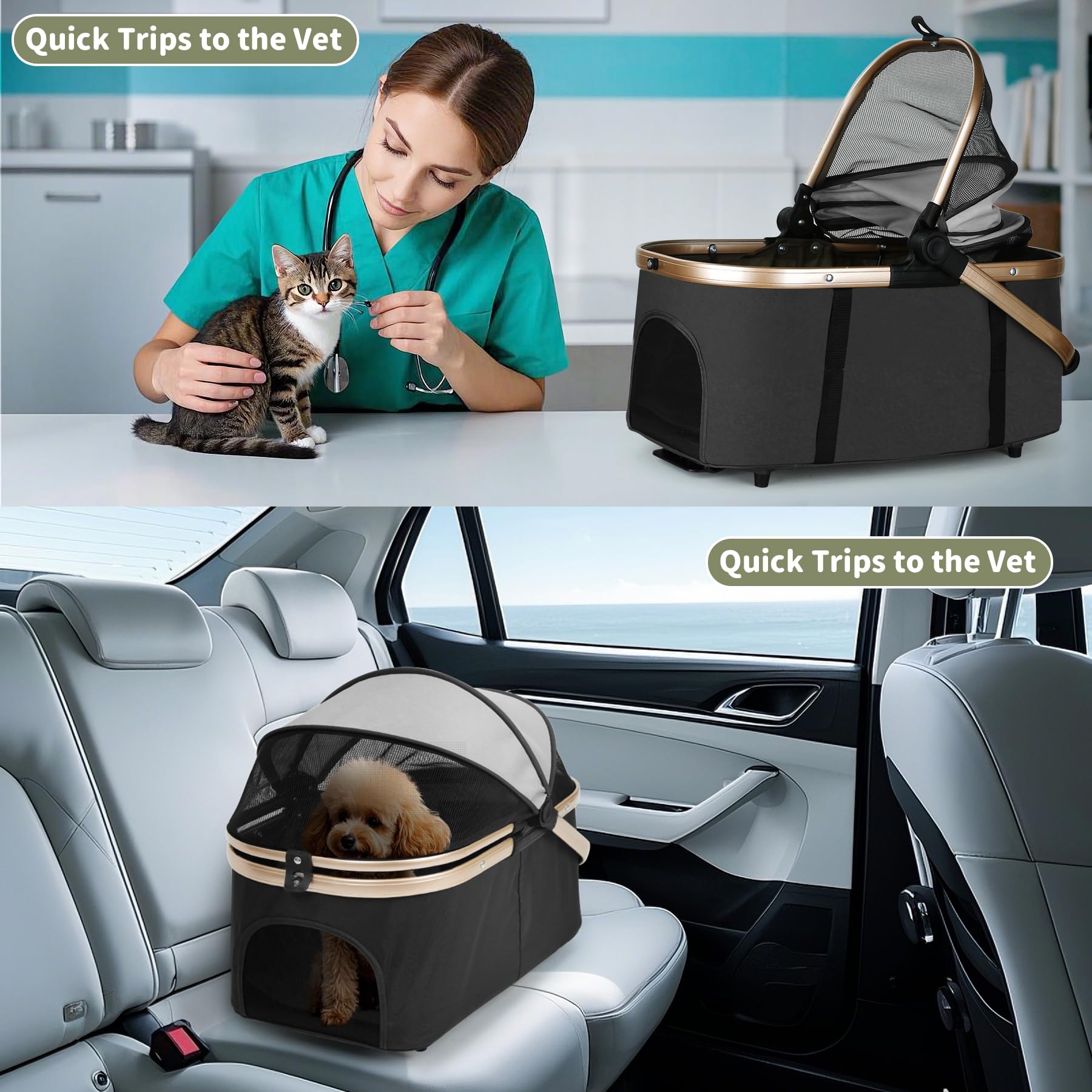 ENVTEK double pet stroller in park use with roomy carriers and washable pads