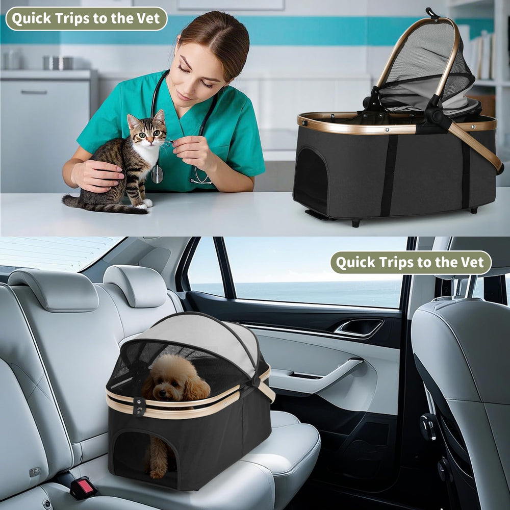 ENVTEK double pet stroller in park use with roomy carriers and washable pads