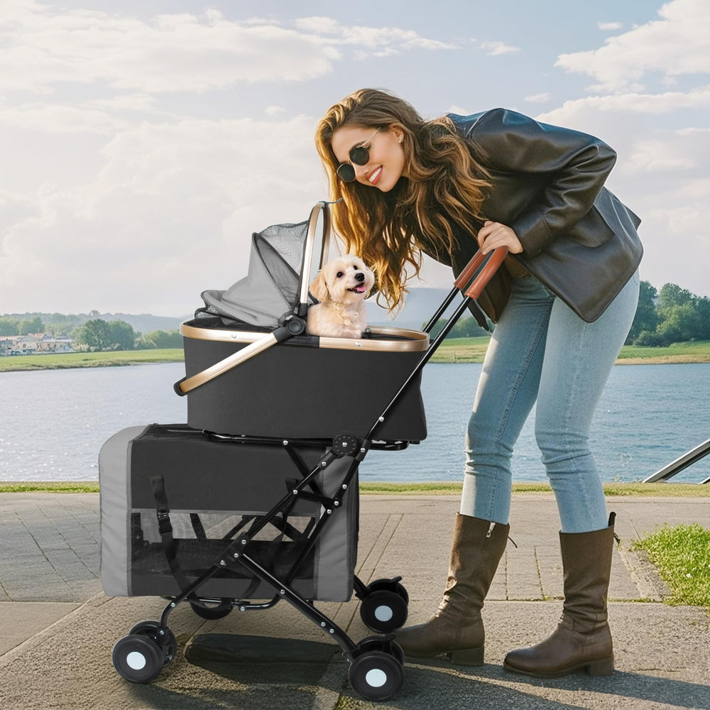 ENVTEK double pet stroller side view highlighting 360 degree wheels for smooth rides