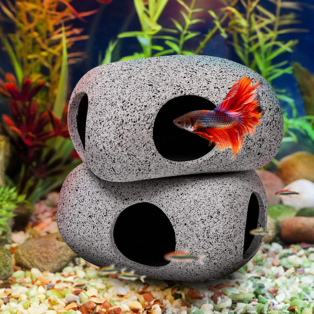Eorbow rock caves safe clay material emphasizes smooth edges for fish safety.