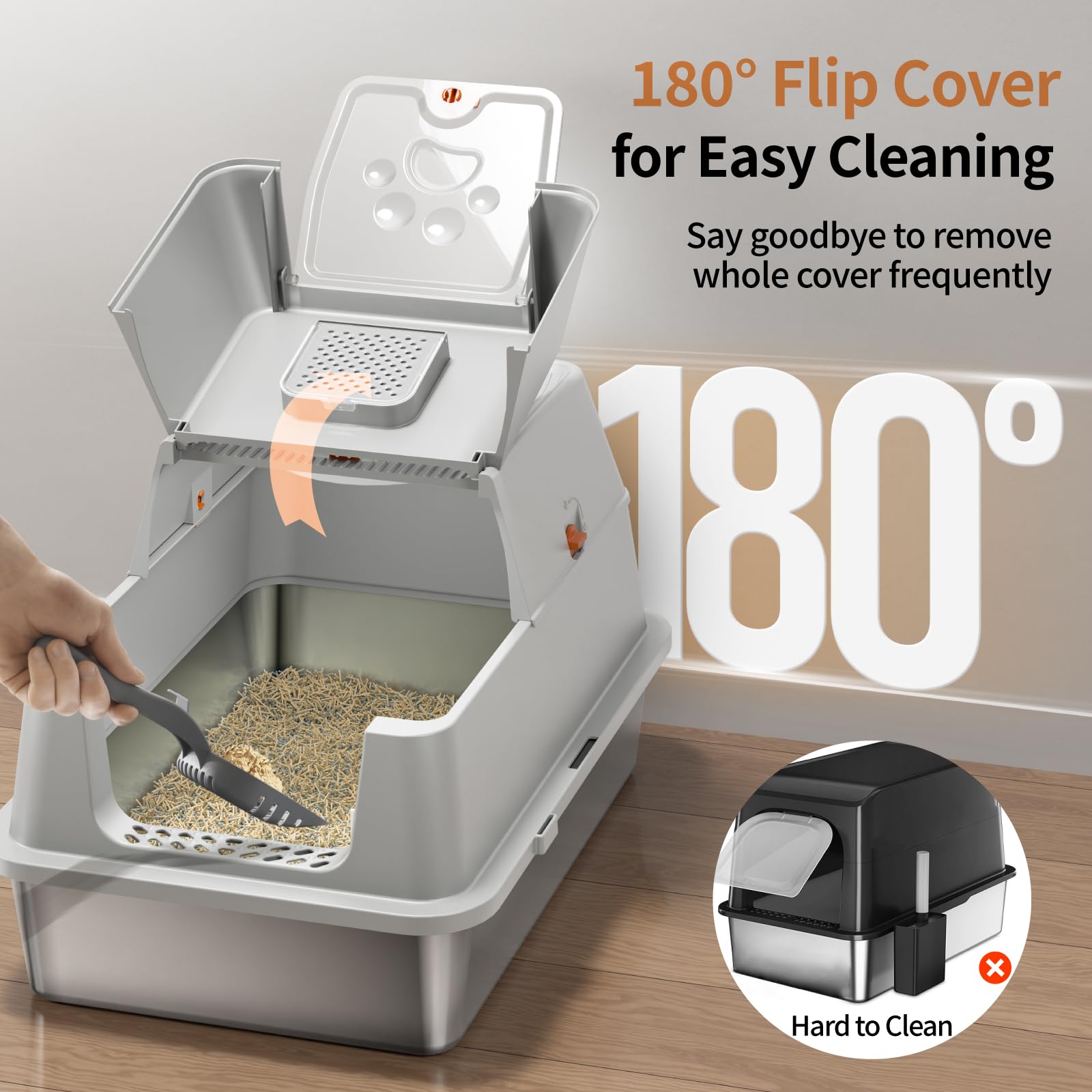 Eosarcu flip-top-litter-box-lid-open-grey shows quick access for fast scooping.