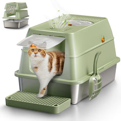 Eosarcu stainless steel cat litter box green front view with spacious interior for big cats
