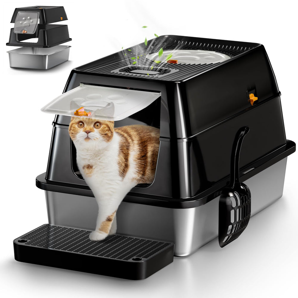 Eosarcu XL stainless steel litter box lid-closed for privacy and odor control.