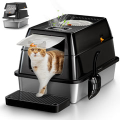 Eosarcu XL stainless steel litter box lid-closed for privacy and odor control.