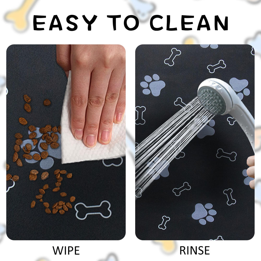 EP Jeans cat feeding mat under bowl in dark grey.