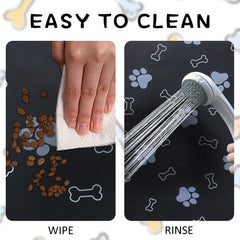 EP Jeans cat feeding mat under bowl in dark grey.