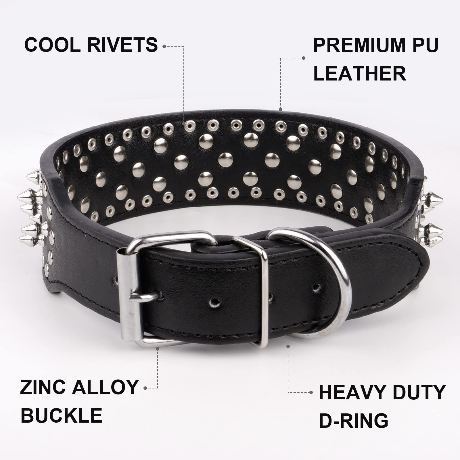 Epesiri spiked collar adjustable sizes illustration showing neck girth options for small to large breeds