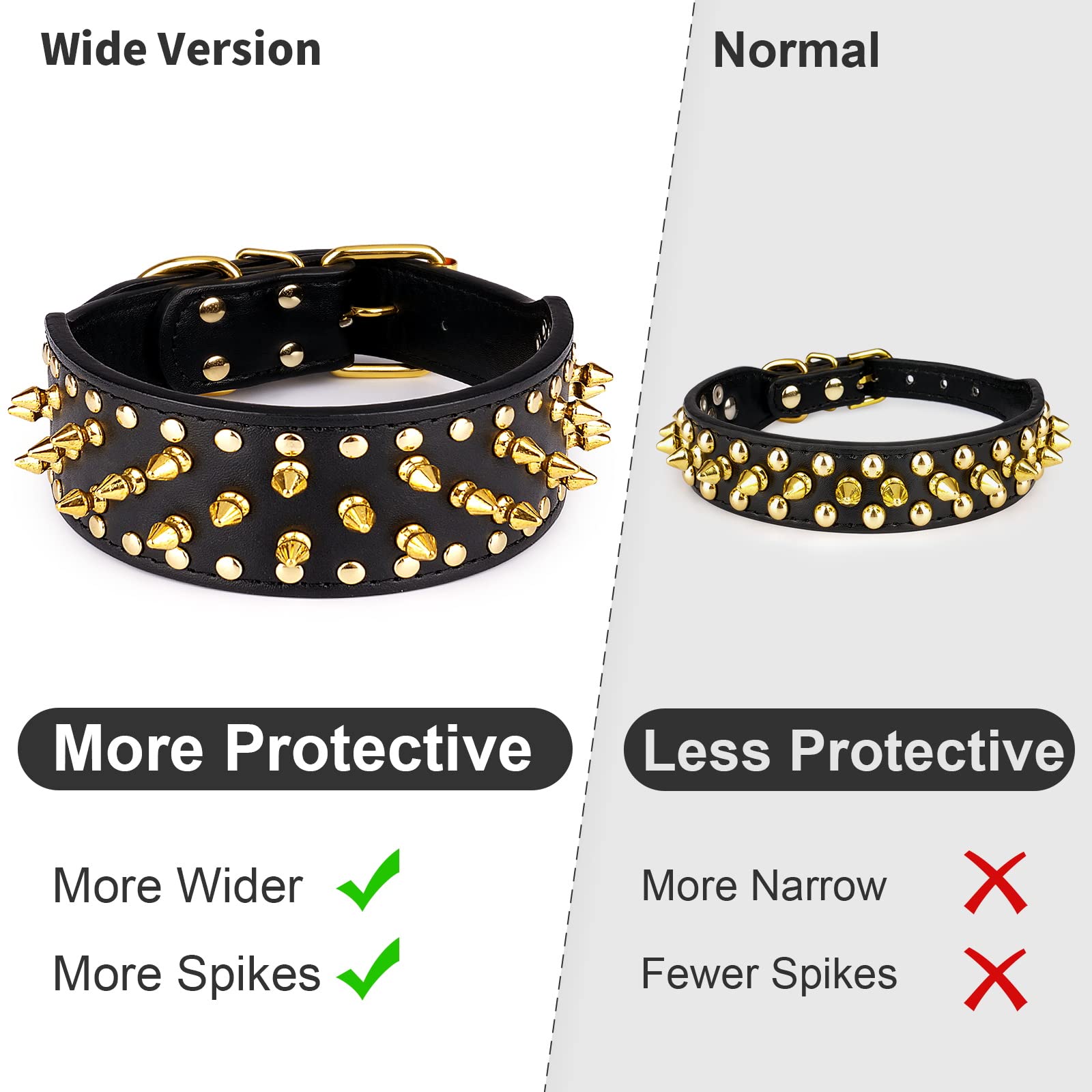 Epesiri wide gold spiked dog collar D-ring detail showcases sturdy hardware