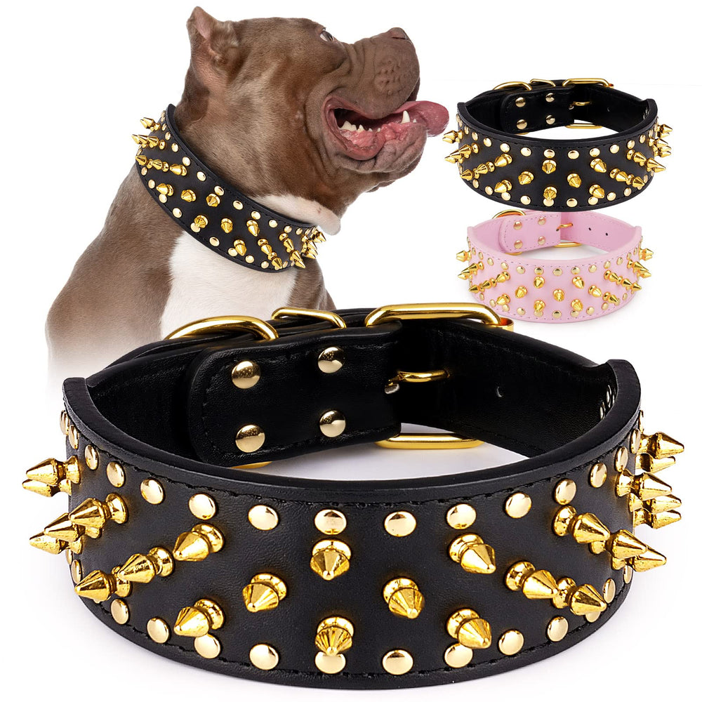 Epesiri wide gold spiked dog collar close-up highlights durable PU leather and comfortable spikes