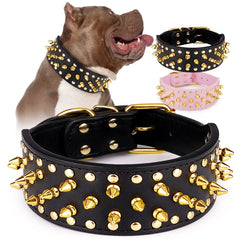 Epesiri wide gold spiked dog collar close-up highlights durable PU leather and comfortable spikes