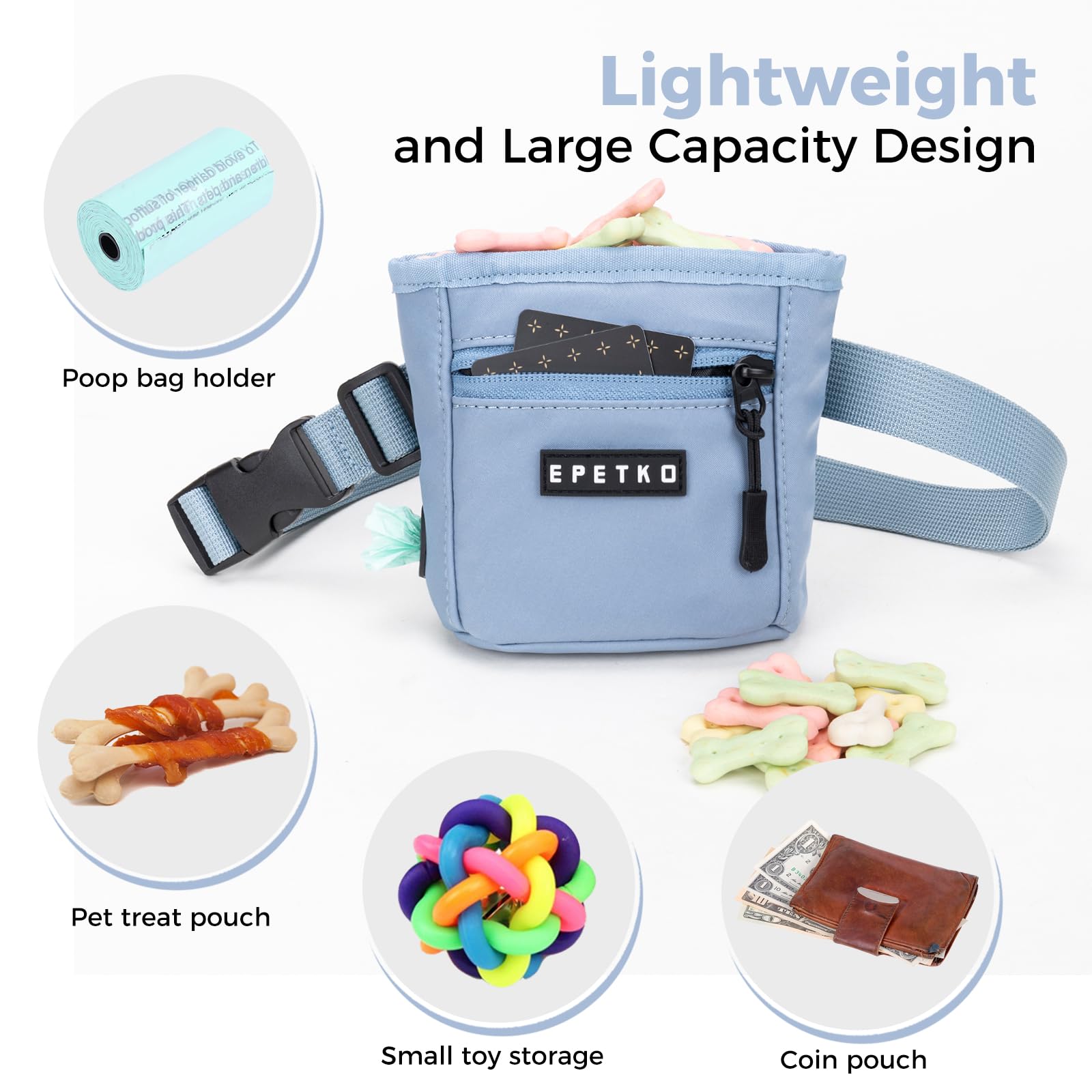 EPETKO dog treat pouch back waistband clip shows versatile carry options for hands-free training.