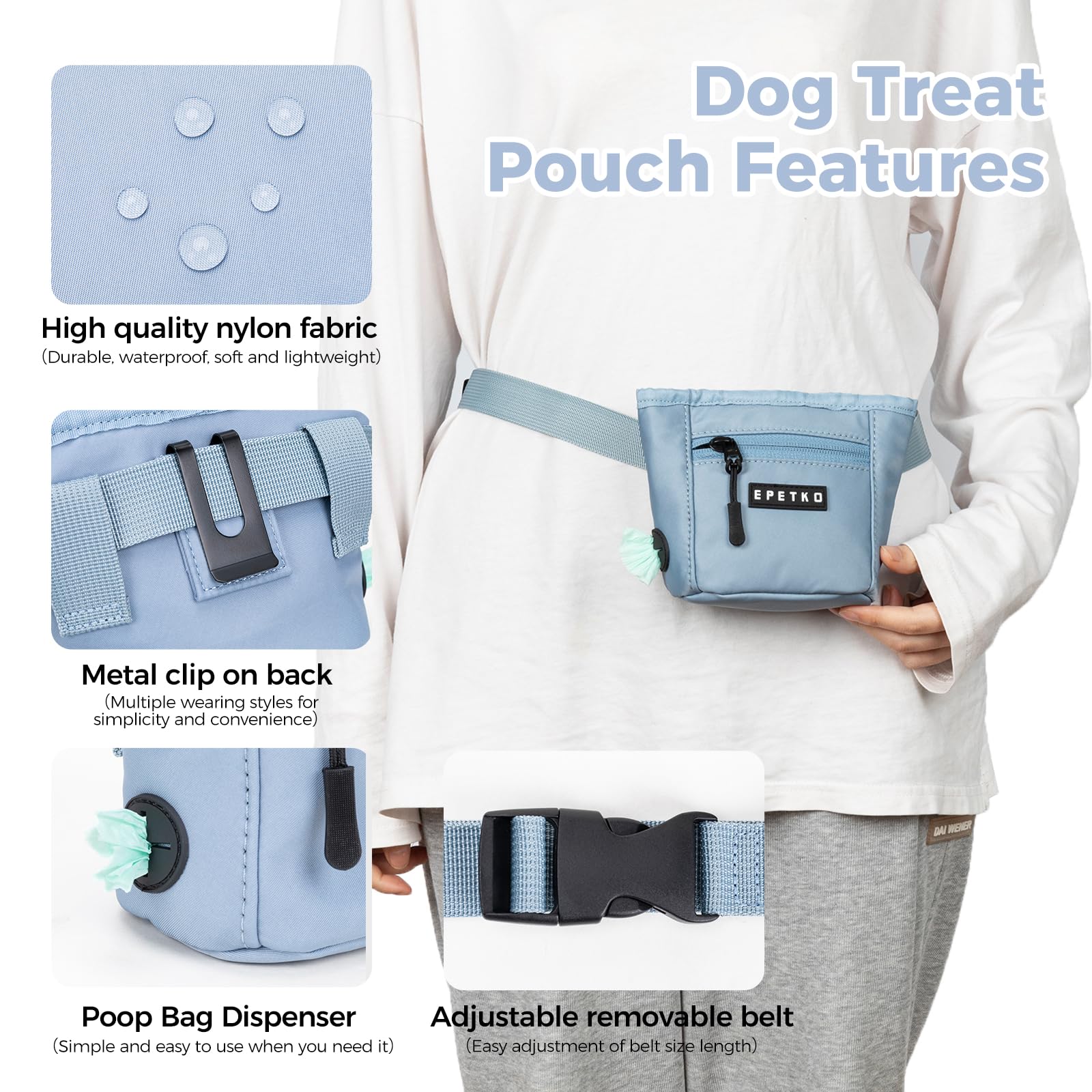 EPETKO dog treat pouch high-quality nylon fabric guards against rain and spills.