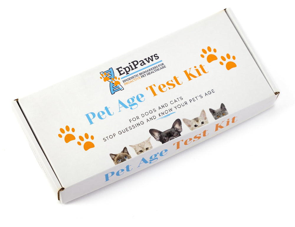 EpiPaws Pet Age Test kit box displayed for at-home age estimation.