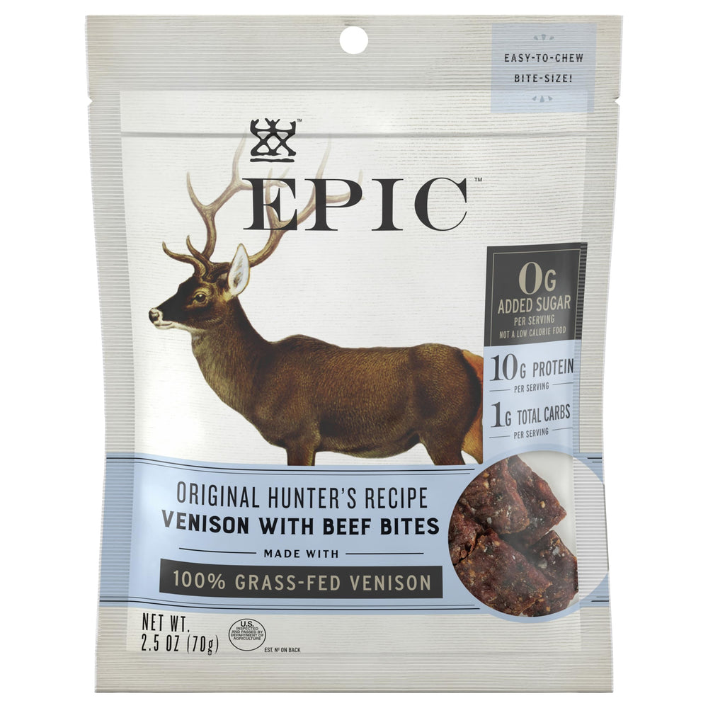 EPIC PROVISIONS Hunter's Recipe Venison Bites close-up pack, portable snack for outdoor adventures.