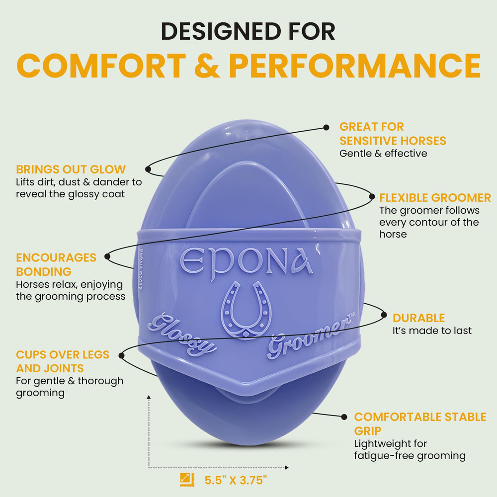 Epona Lavender Flexible Glossy Curry Comb hand grip close-up highlighting secure grip during long sessions