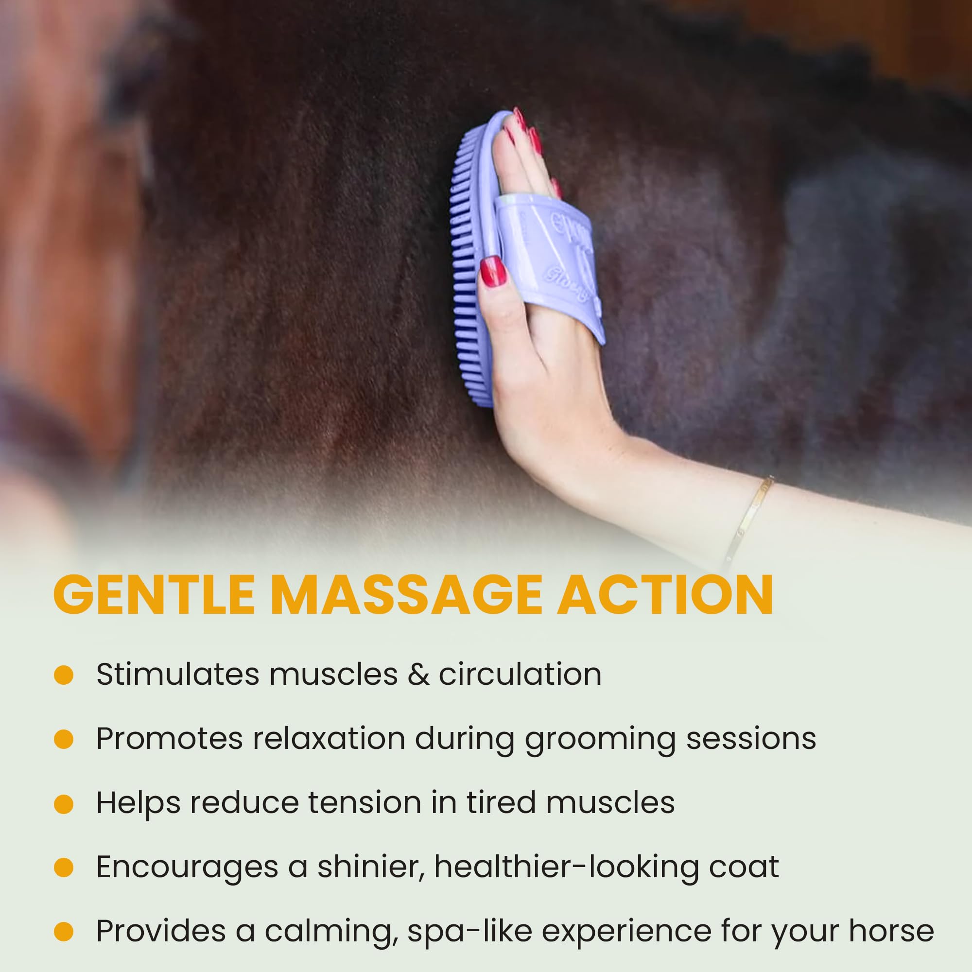 Epona Lavender Flexible Glossy Curry Comb in grooming bag illustrates portable care for on-the-go cleaning