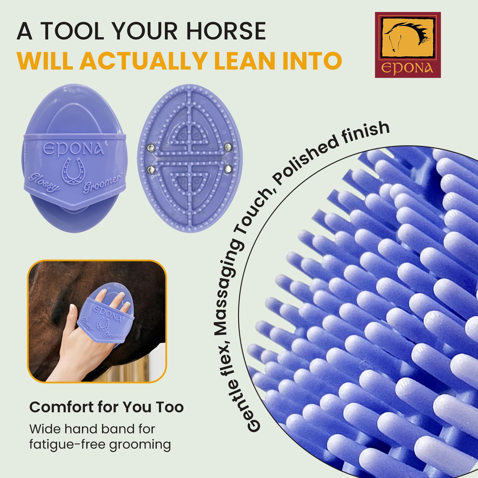 Epona Lavender Flexible Glossy Curry Comb on leg area demonstrates precise loosening of dirt and mud
