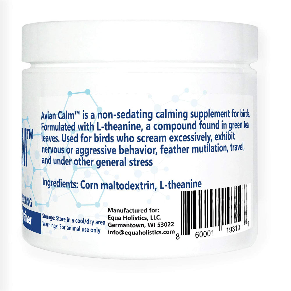 Equa Holistics Avian Calm package open with 120 servings for parrots