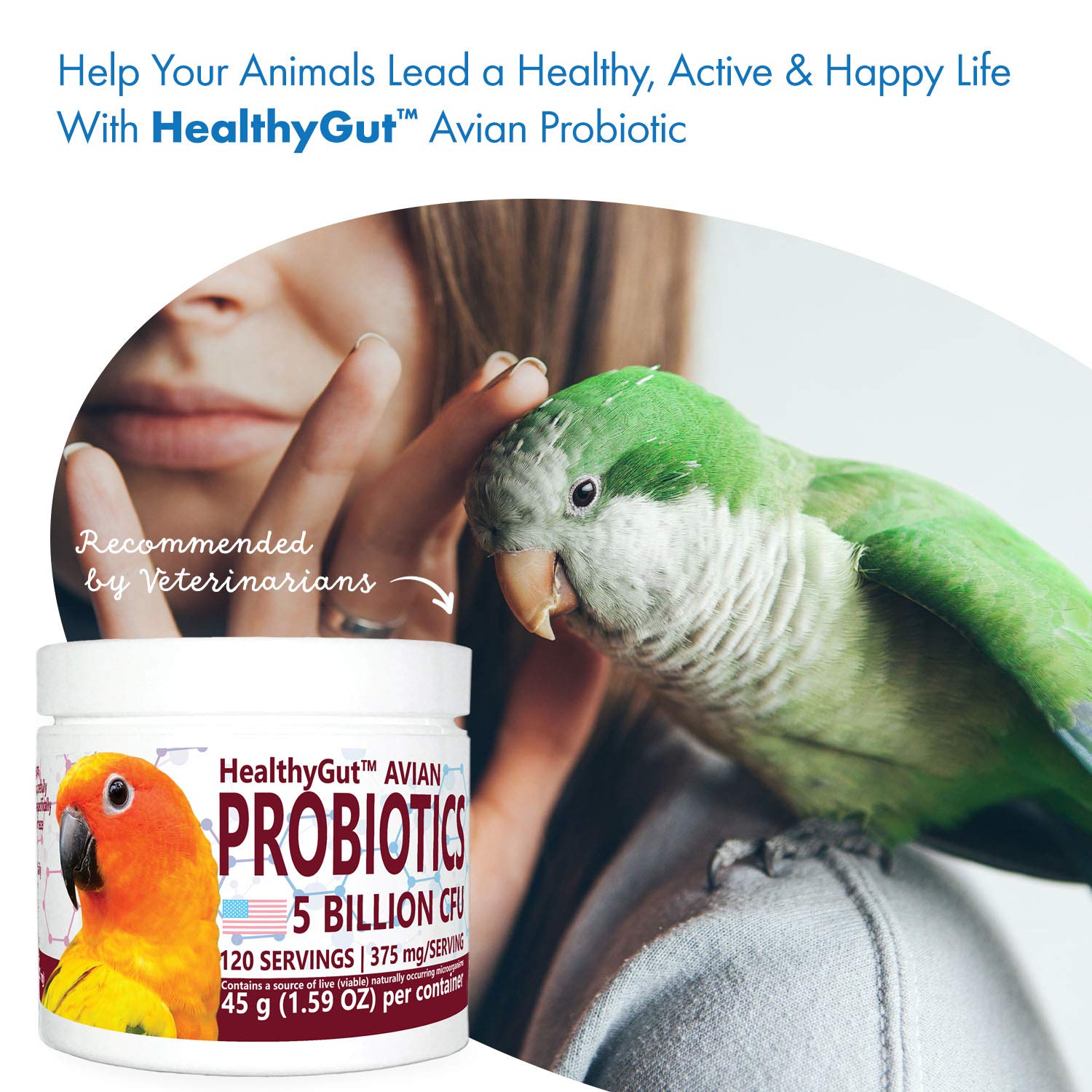 Equa Holistics HealthyGut age-diverse-bird image suggests suitability for parrots of all ages.