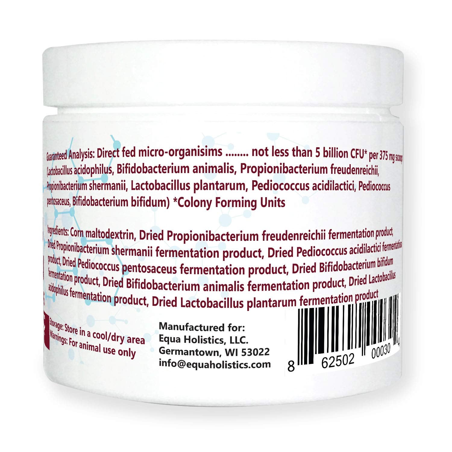 Equa Holistics HealthyGut 600-servings-jar signals long-lasting daily probiotic regimen.