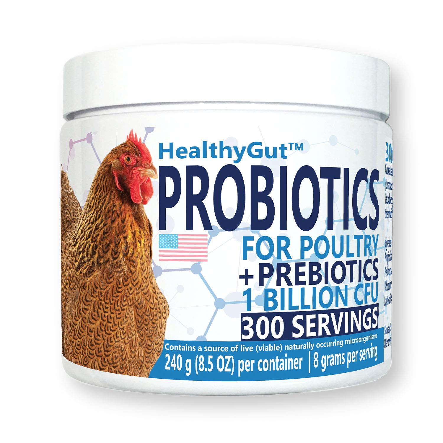 Equa Holistics HealthyGut probiotics bottle showcases poultry-friendly strains supporting digestion.