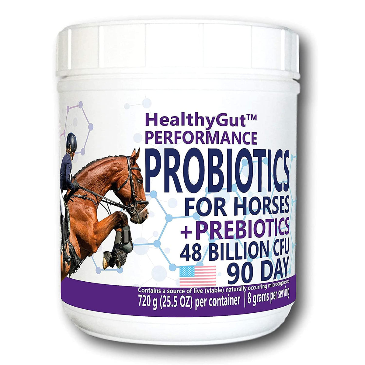 Equa Holistics HealthyGut Probiotics for Horses bottle on counter promotes daily digestive support.