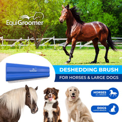 EquiGroomer deshedding brush blade closeup highlights gentle steel teeth for sensitive skin.