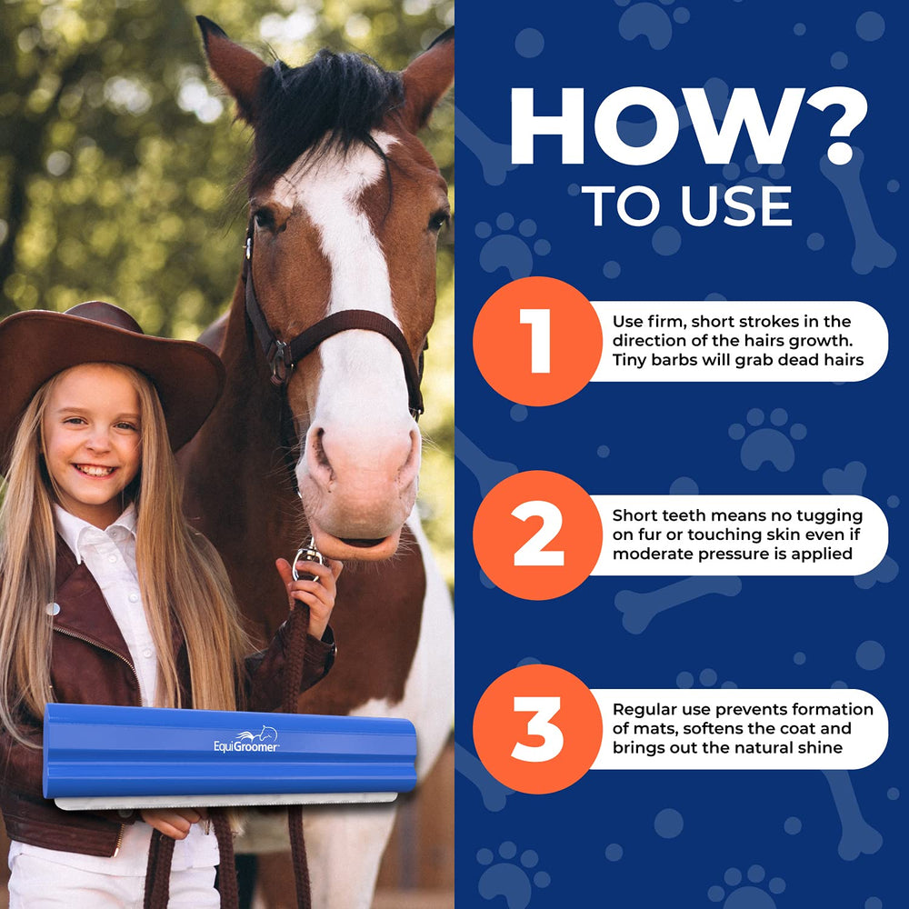 EquiGroomer deshedding brush dirt-removal on coat keeps fur tidy and less shedding.