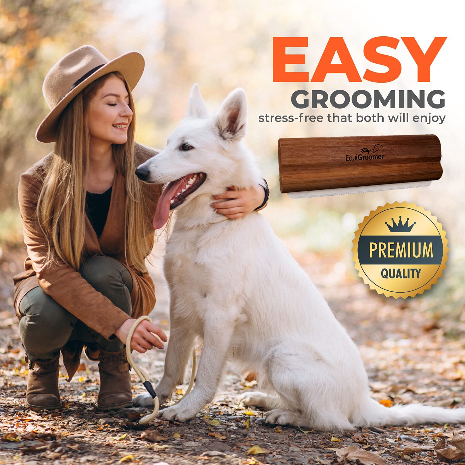 EquiGroomer EasyGroomer undercoat tool reduces shedding with gentle massaging strokes.
