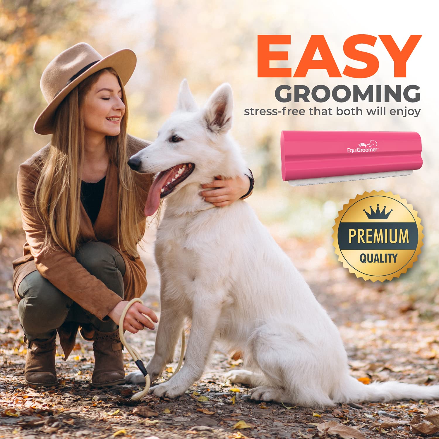 EquiGroomer EasyGroomer pink deshedding brush after grooming for a clean coat.