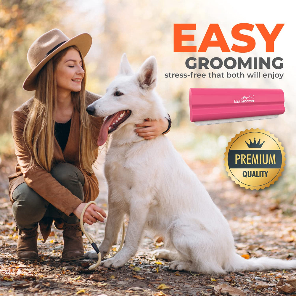 EquiGroomer EasyGroomer pink deshedding brush after grooming for a clean coat.