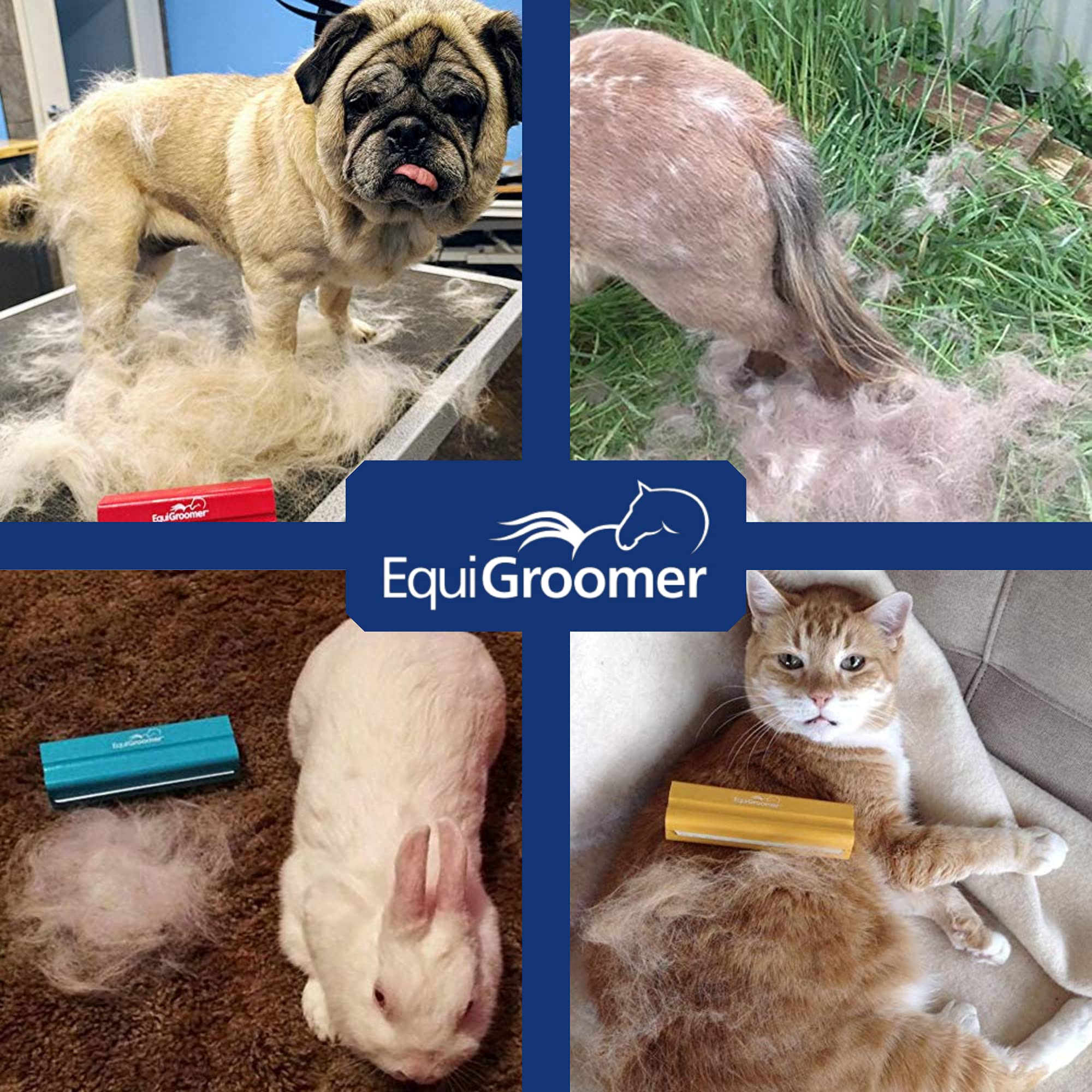 EquiGroomer EasyGroomer pink deshedding brush capturing dirt and loose fur removal.