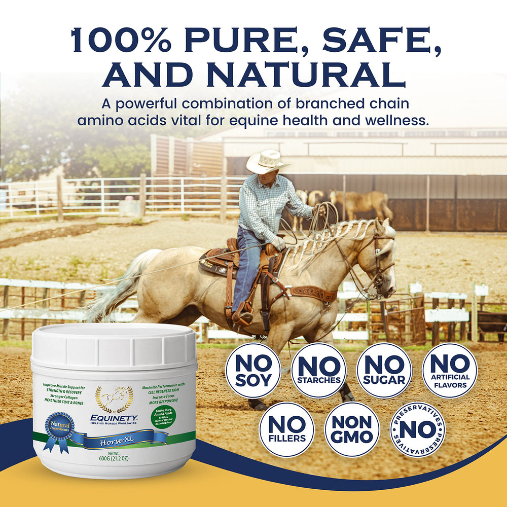 Equinety Horse XL label highlights soy- and sugar-free formula for sensitive horses