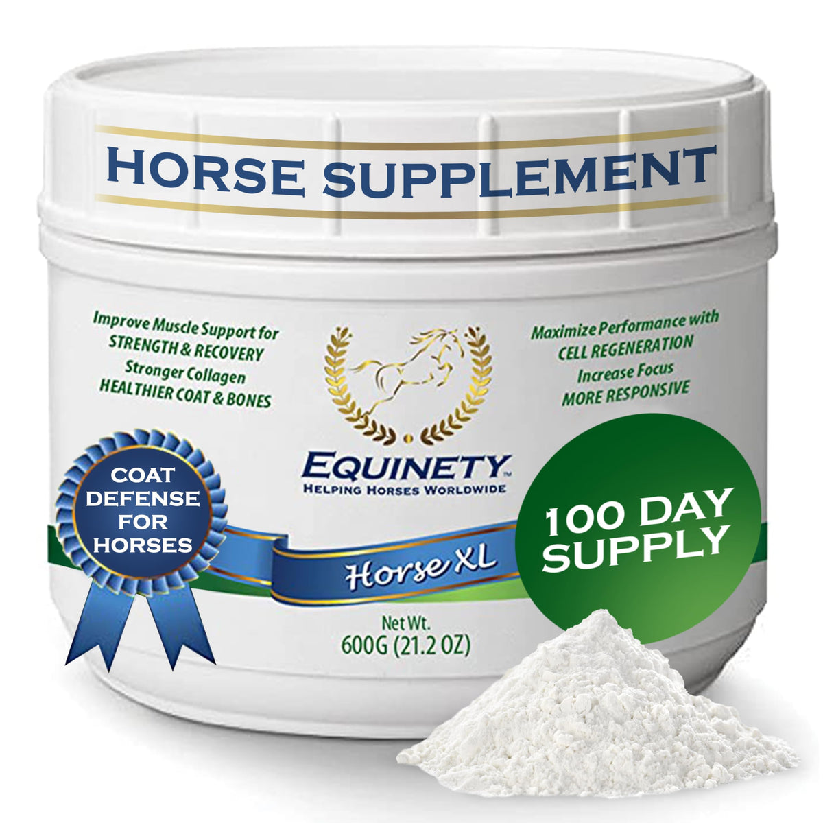 Equinety Horse XL tub front label highlighting 100-day supply for joint and coat support