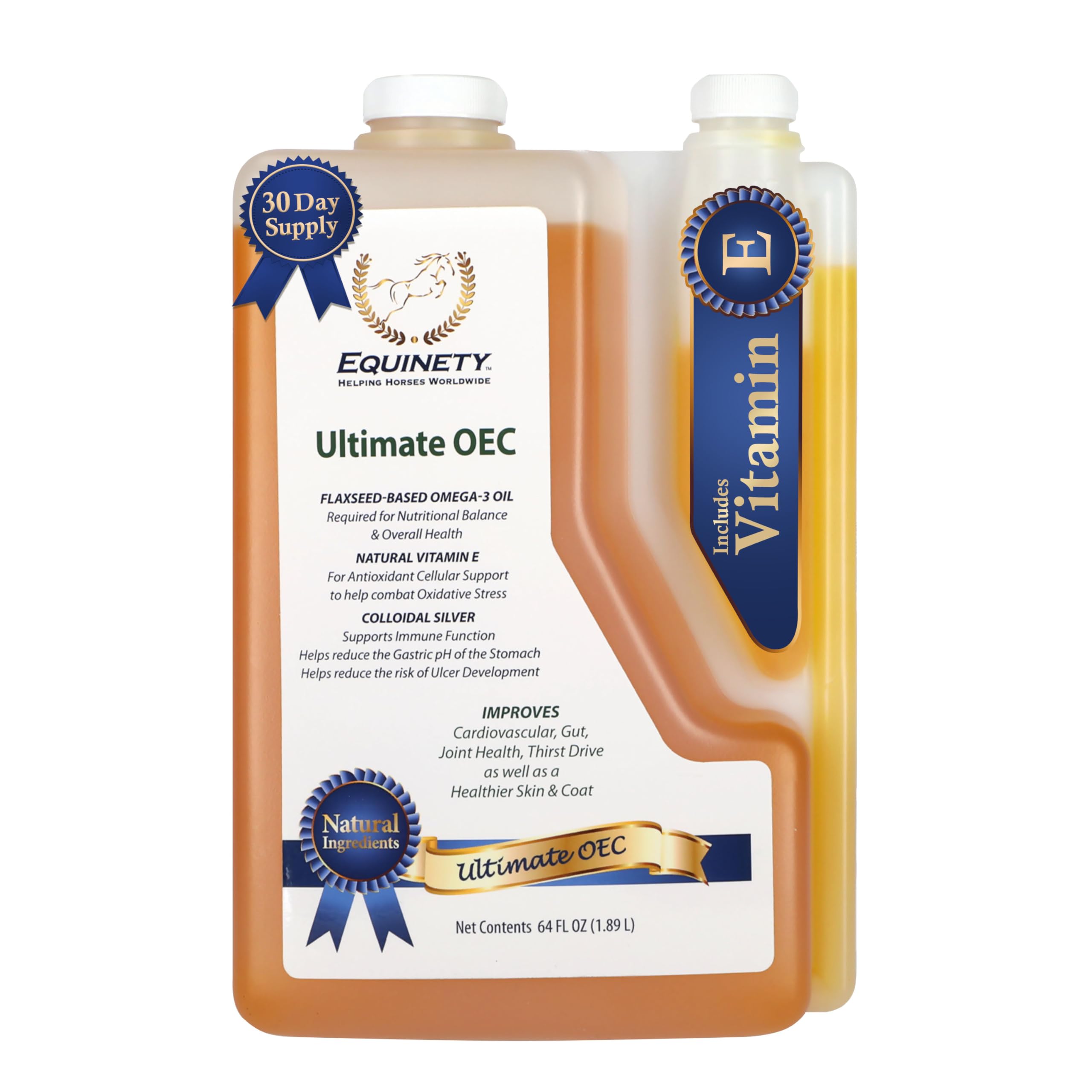 Equinety Ultimate OEC bottle pour illustrates easy 60 ml daily dosing for horses.
