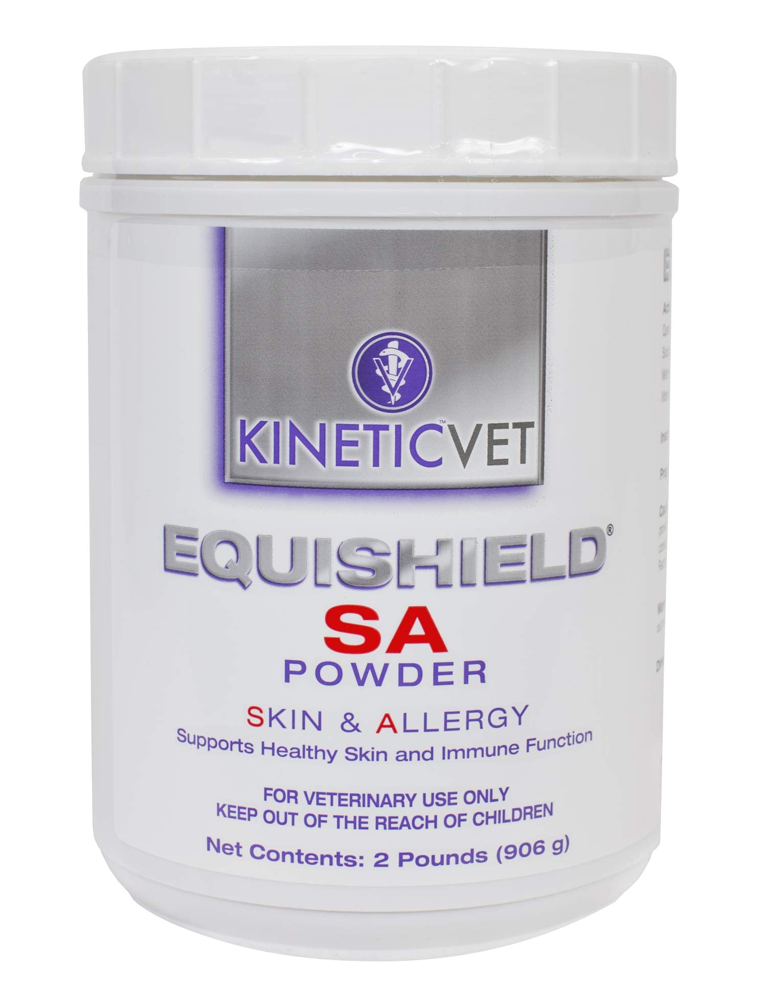 EquiShield KineticVet SA powder packaging highlights a skin-supporting supplement for horses.