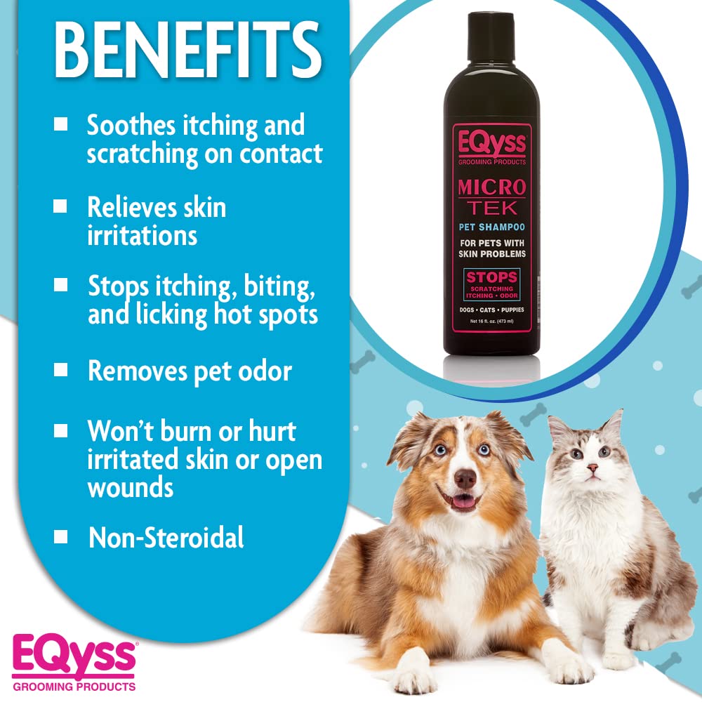 Eqyss Micro-Tek Pet Shampoo pump application demonstrates easy bath-time dispensing