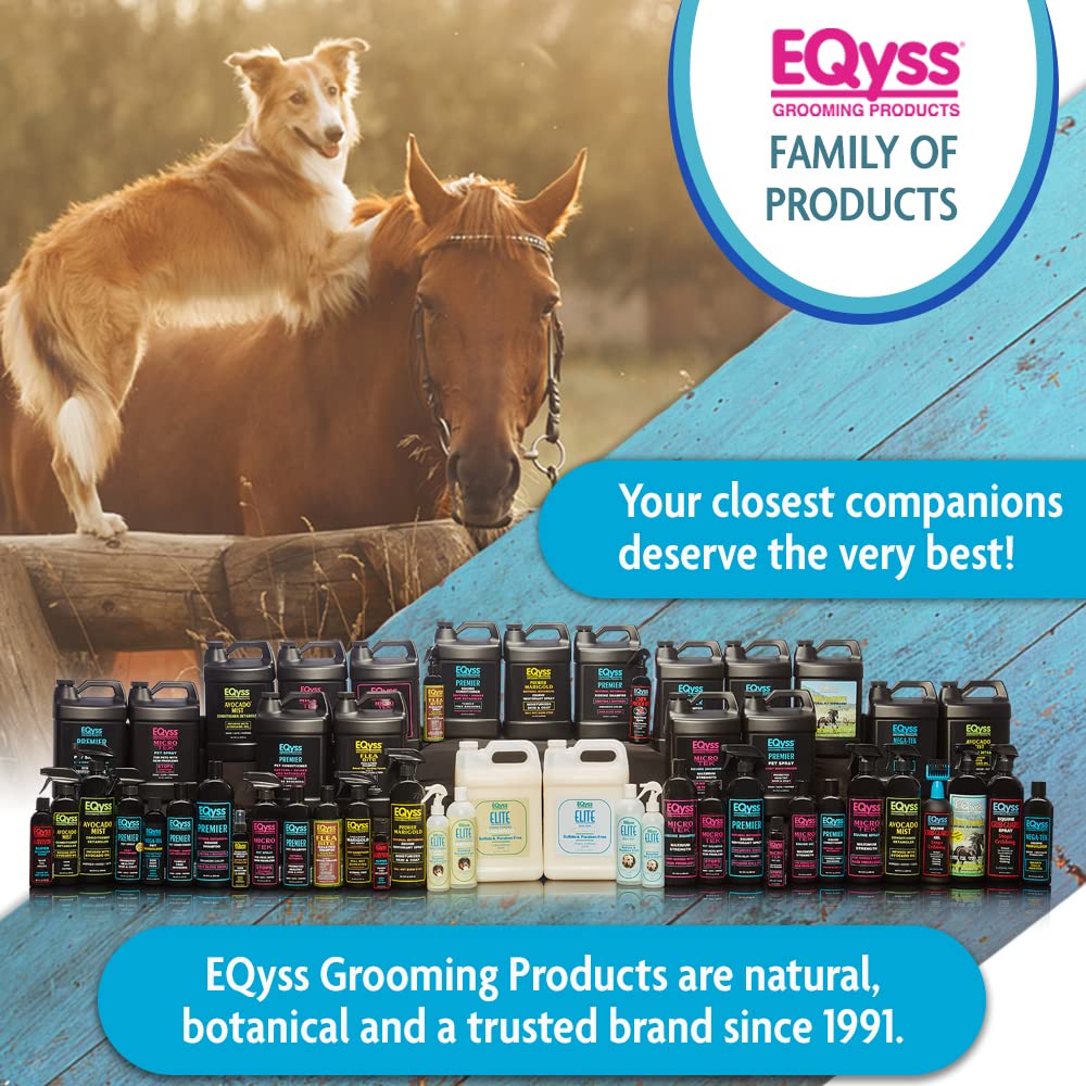 Eqyss Premier Equine Spray repels dust and dirt during grooming session