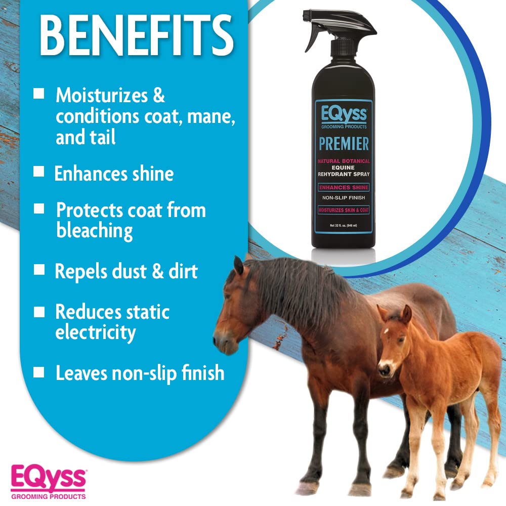 Eqyss Premier Equine Spray on skin and coat delivering hydration and a sleek shine