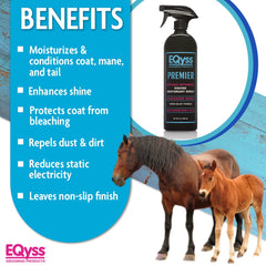 Eqyss Premier Equine Spray on skin and coat delivering hydration and a sleek shine