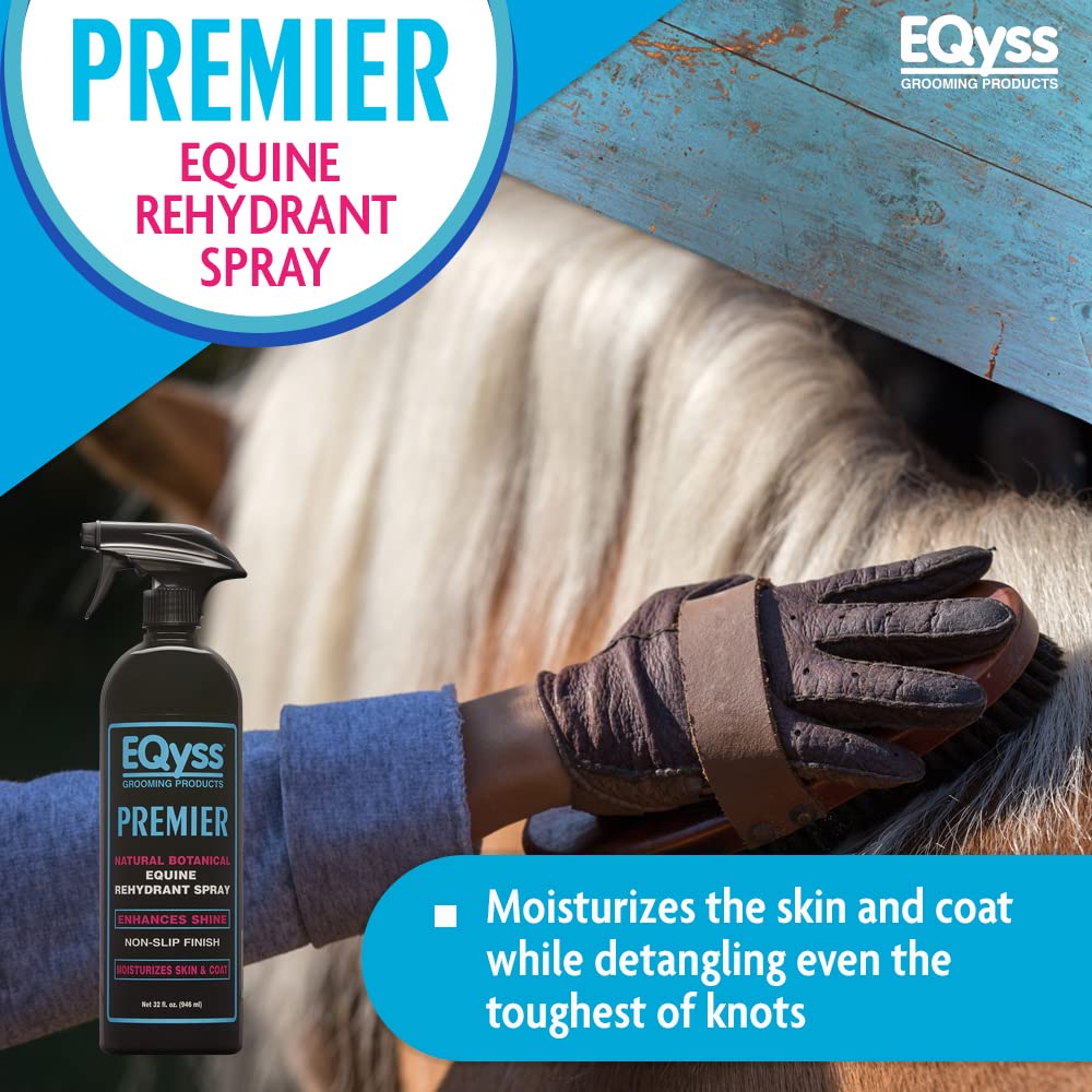 Eqyss Premier Equine Spray mist being applied to coat for detangling and shine