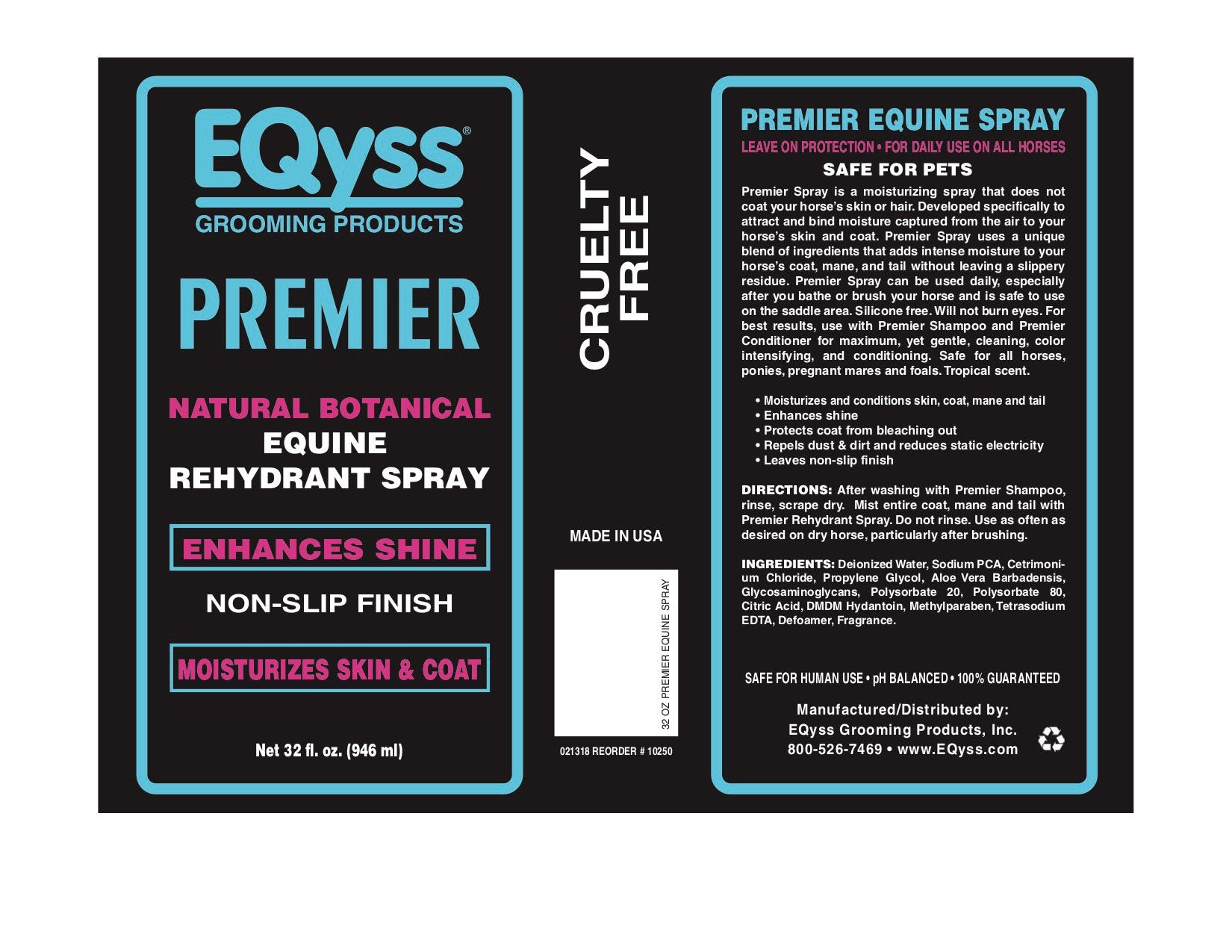 Eqyss Premier Equine Spray label shows USA-made formula for horses