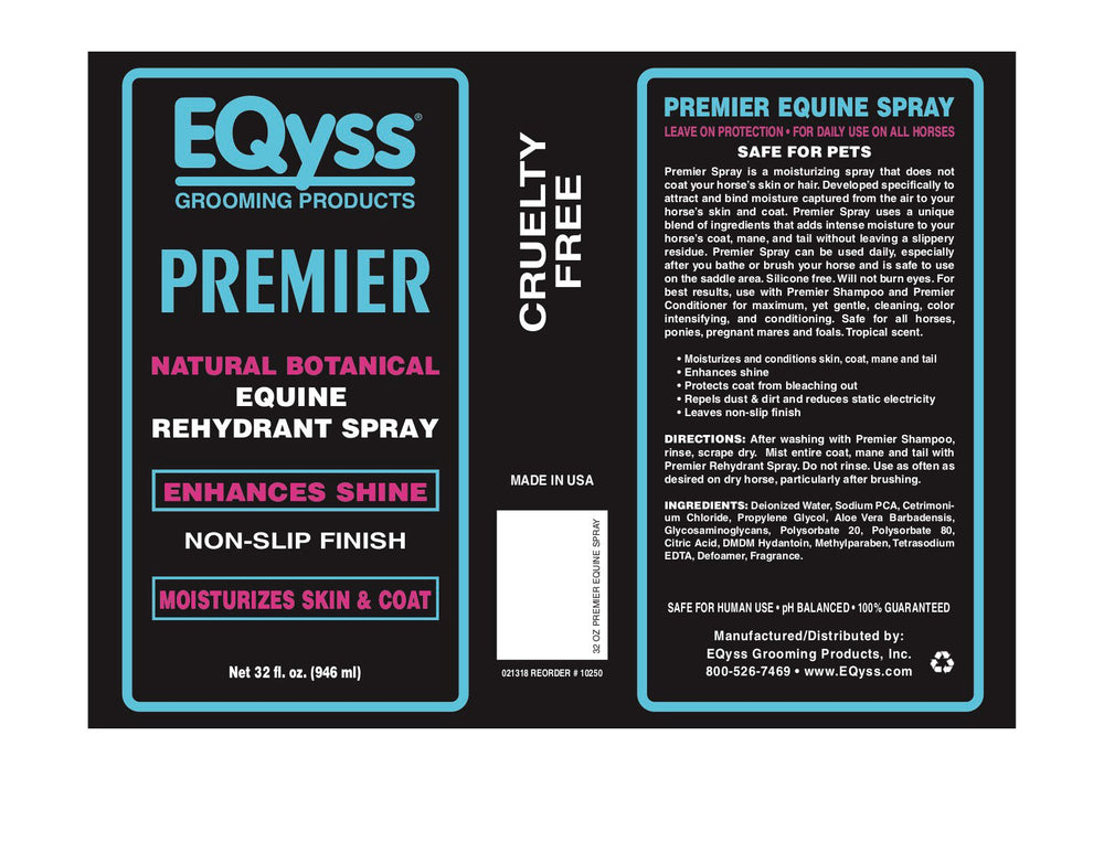 Eqyss Premier Equine Spray label shows USA-made formula for horses