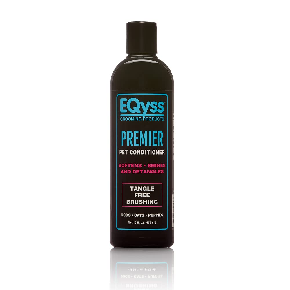 Eqyss Premier Pet Conditioner bottle showing silky, detangled coat for pets