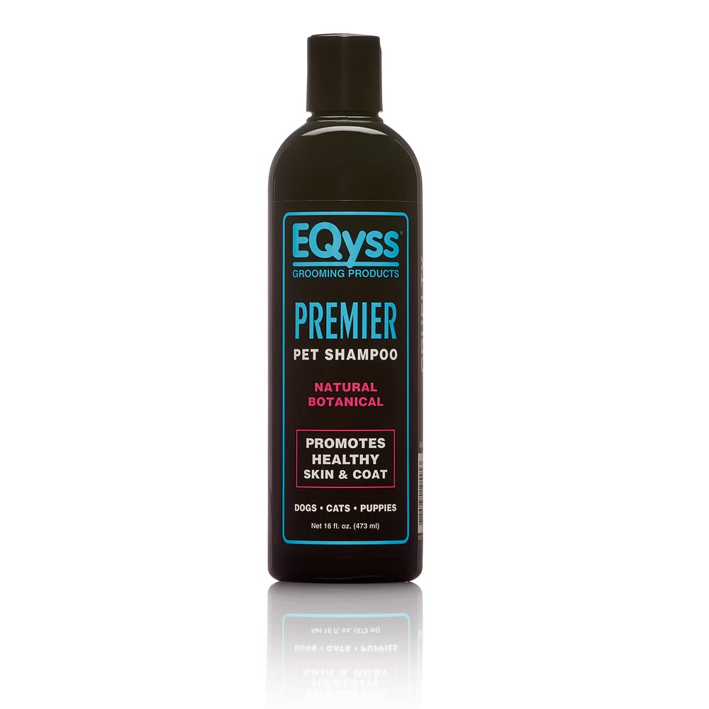 Eqyss Premier Pet Shampoo bottle front view highlights color-brightening formula for dogs and cats.