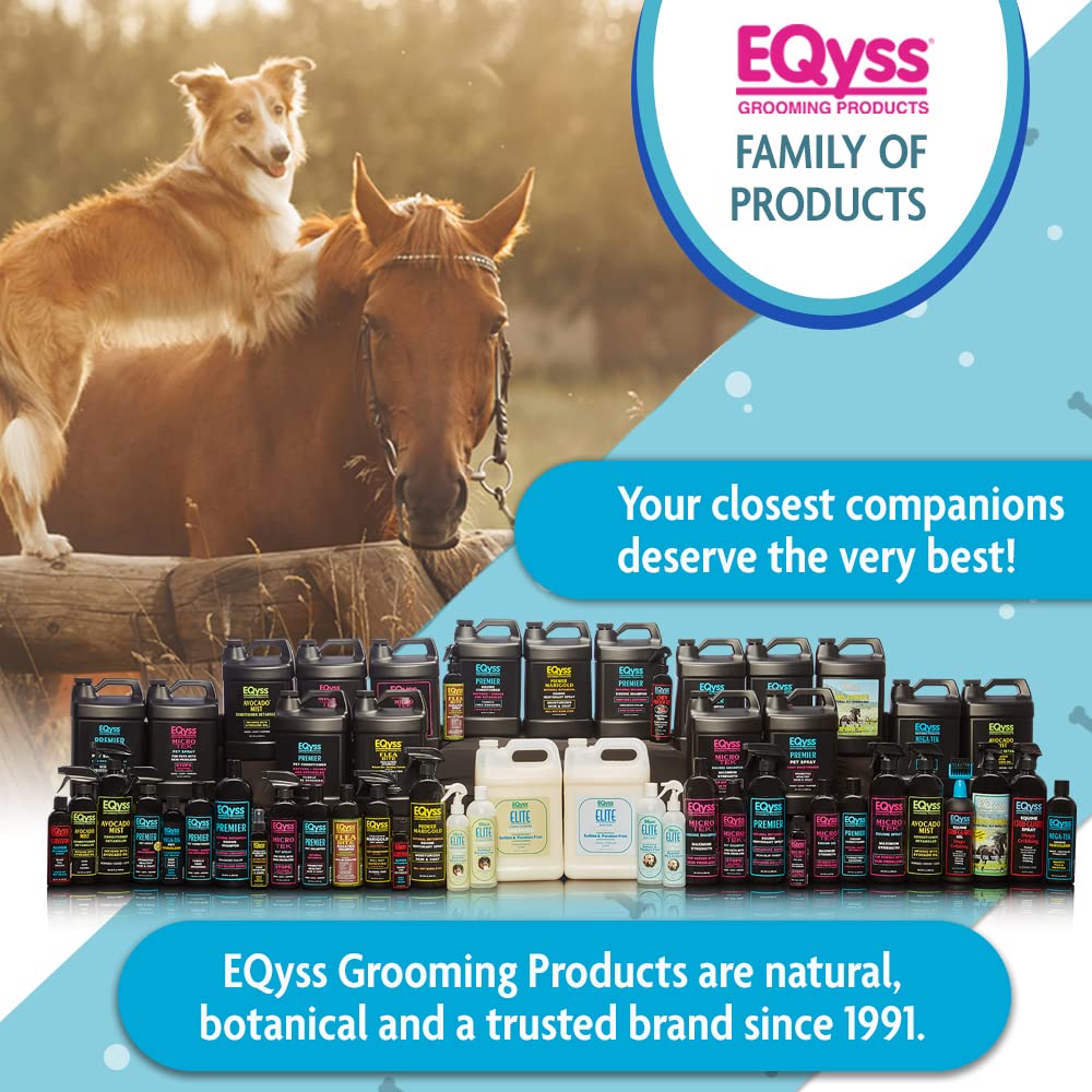 Eqyss Premier Pet Shampoo packaging information shot conveys salon-quality botanical formula.